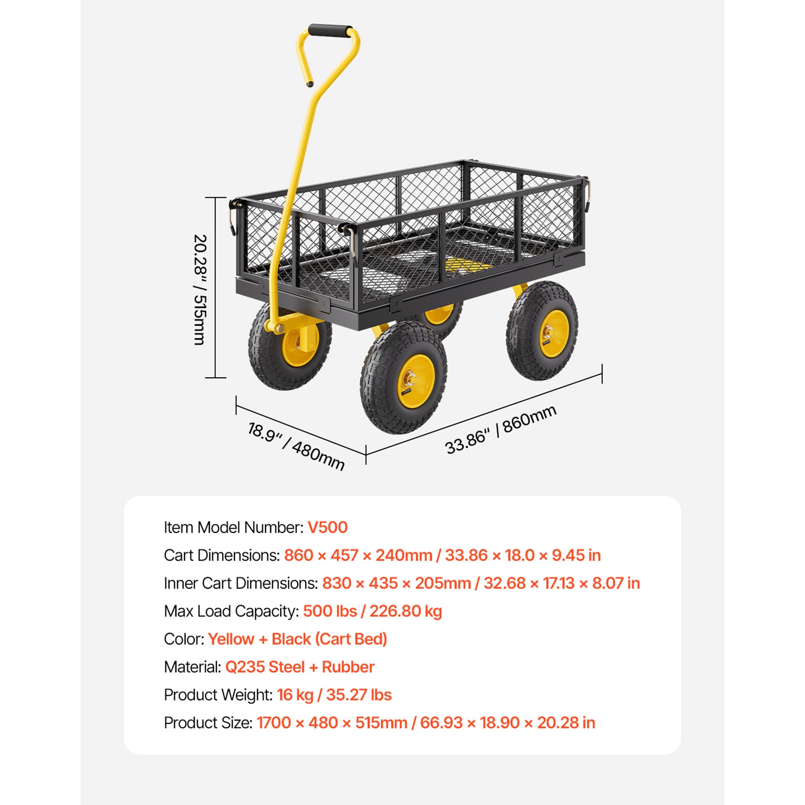 500 Lbs Steel Garden Cart, Heavy Duty Pullable Cart With Wheels For Garden, Metal Yard Utility Wagon With 10" All Terrain Tires, Removable Mesh Sides And 180° Rotating Handle_maomaolike.com